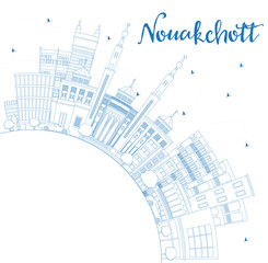 Outline Nouakchott Mauritania City Skyline with Blue Buildings and Copy Space.