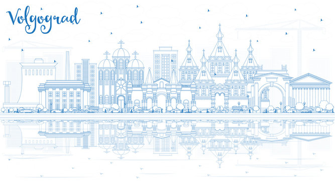 Outline Volgograd Russia City Skyline with Blue Buildings and Reflections.