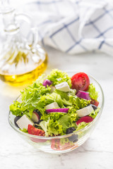 Spring vegetable salad with tomatoes onion cheese and olives.