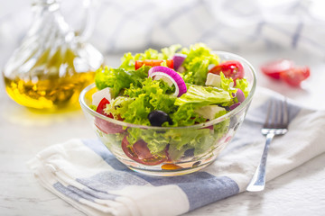 Spring vegetable salad with tomatoes onion cheese and olives.