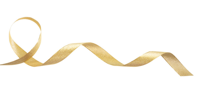 Golden satin ribbon isolated on white background, banner