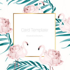 Card template with exotic pink flamingo birds, rose flowers, tropical fern greenery jungle palm tree leaves. Shiny golden square rectangular frame. Text placeholder.