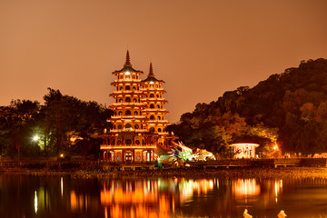 Beautiful view of the Tiger and Dragon Pagodas at the Lotus Lake in Kaohsiung