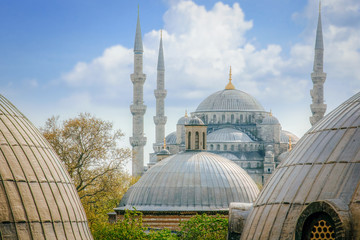 Fototapeta na wymiar Blue Mosque, Sultanahmet Camii roof in Istanbul, Turkey