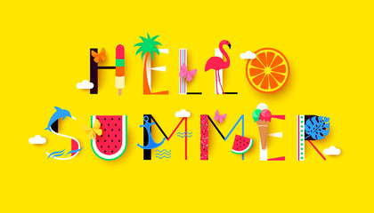 Hello Summer background with signs and symbols recreation. Vector illustration