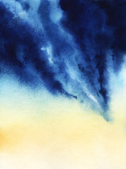 Abstract Gradient background with texture of paper. From gold yellow to blue. Hand drawn watercolor illustration.