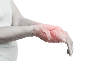 Old hand pain on wrist isolated white background,Muscle weakness and fatigue concept.