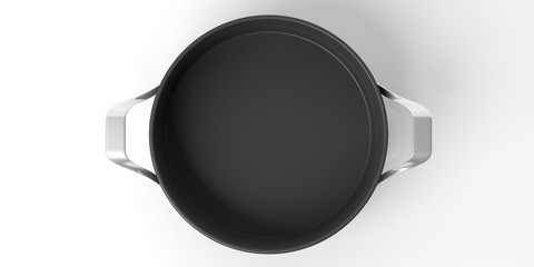 Black empty cooking pot isolated on white background, top view. 3d illustration