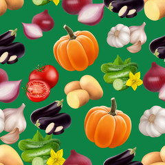 Seamless pattern with vegetables on green background. Vegeterian food. Tomato, pumpkin, cabbage, potatoes onion broccoli carrot pepper and garlic. 3d realism vector illustration.