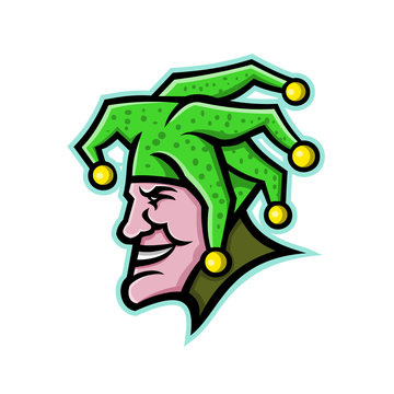 recommend clip art: Mascot icon illustration of head of a harlequin, jester, minstrel, joker, medieval singer or musician, entertainer viewed from side on isolated background in retro style.