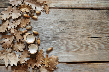 Autumn oak leaves on old wood background
