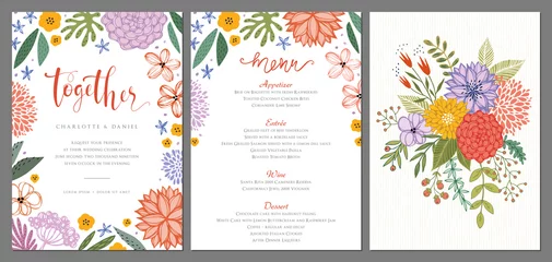 Fotobehang Wedding invitation and menu design template with floral wreath. Vector illustration. © KatyaKatya