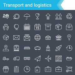 Modern, stroked logistics and transport icons isolated on dark background