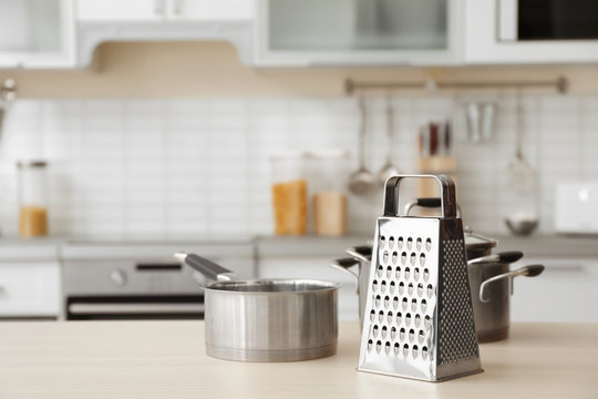 Houseware and blurred view of kitchen interior on background