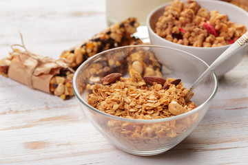 Granola bar on wooden background