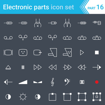 Electric and electronic icons, electric diagram symbols. Audio and video devices, function control audio and video, sound representation.