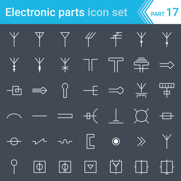 Electric and electronic icons, electric diagram symbols. Antennas, aerials, waveguides, tv and radio distribution.