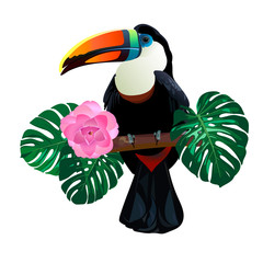 Bright toucan bird sitting on branch around palm monstera leaves and flowers on white background. Vector tropical exotic illustration for your summer design © karachenkov