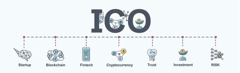 ICO (Initial Coin Offering) infographic web banner icon. Startup, Blockchain diagram, cryptocurrency, fintech, Trust, Investment and Risk. vector in modern flat style.