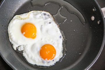 Fried eggs in a frying pan on a table.