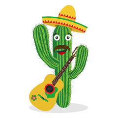 Cactus with a sombrero and a guitar. Mexican cactus.