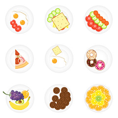 Different food on plates. Time for lunch. Sets of food on plates.