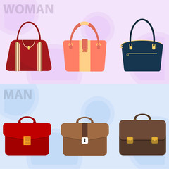 Men's briefcase and handbag. A set of men's business portfolios and a women's bag.
