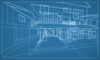Abstract 3D rendering of building wireframe structure. Vector construction graphic idea.