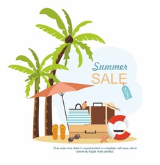 Summer suitcase, Beach Accessories and palm tree on beach. Summer sale Vector illustration