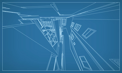 Abstract 3D rendering of building wireframe structure. Vector construction graphic idea for template design.