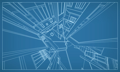 Abstract 3D rendering of building wireframe structure. Vector construction graphic idea for template design.