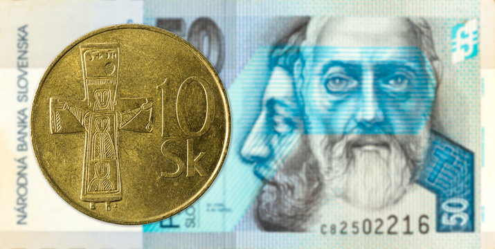 10 slovak koruna coin against 50 slovak koruna banknote obverse