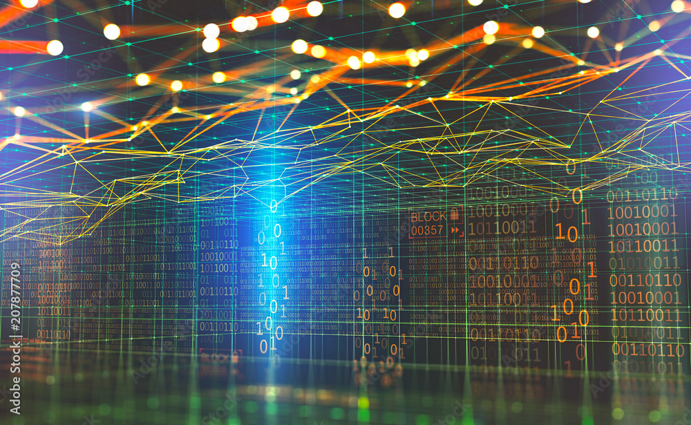 Fototapete Big data global network. Blockchain. 3D illustration. Neural networks and artificial intelligence. Abstract technological cyberspace background with binary code elements