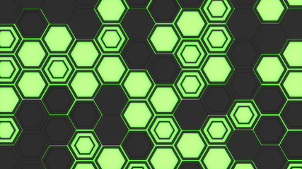 Abstract 3d background made of black hexagons on green glowing background