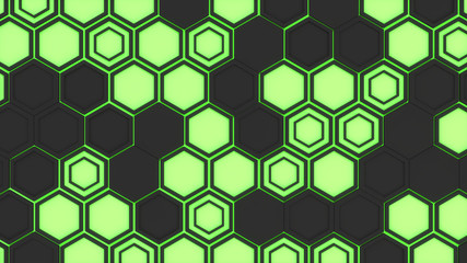 Abstract 3d background made of black hexagons on green glowing background