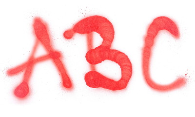Red spray stain, graffiti abc letters isolated on white background, clipping path