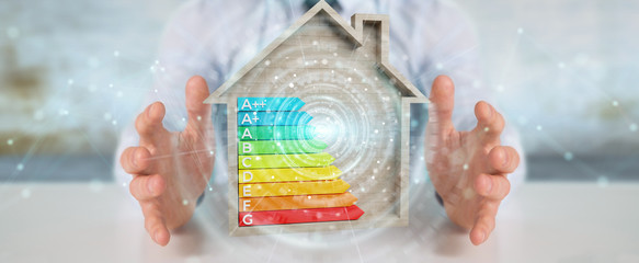 Businessman using 3D rendering energy rating chart in a wooden house