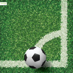 Soccer football ball on green grass of soccer field background in corner area. Vector.