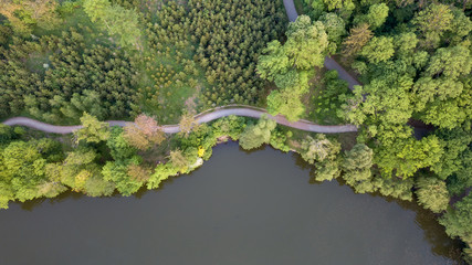 Aerial view over sunny lake surrounded by tree forest near town.