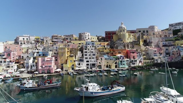 Aerial view of Corriccella fisherman village in Procida, island of the Gulf of Naples, Italy