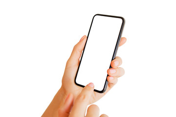 Person using phone with empty white screen. Mobile app mockup.