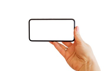 Person viewing something on phone with empty white screen. Mobile app mockup.