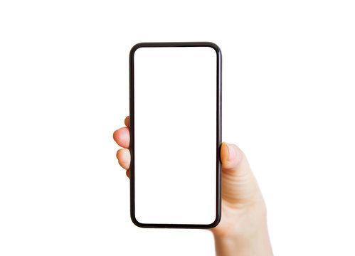 Person showing phone with empty white screen. Mobile app mockup.