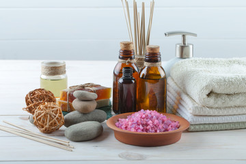 SPA accessories for massage in a composition on a light background