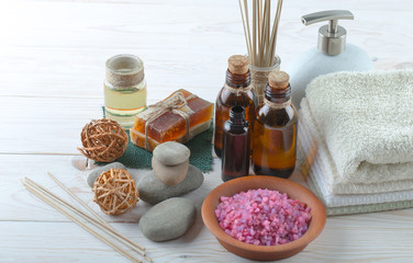 SPA accessories for massage in a composition on a light background