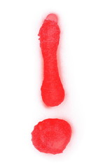 Red spray stain, graffiti exclamation mark isolated on white background, clipping path