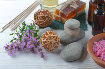 SPA accessories for massage in a composition on a light background