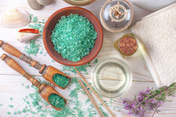 SPA accessories for massage in a composition on a light background