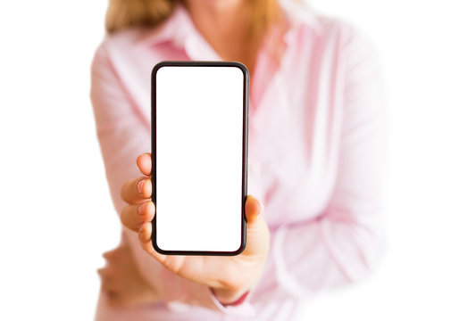 Woman showing phone with empty white screen. Mobile app mockup.