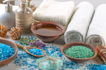SPA accessories for massage in a composition on a light background